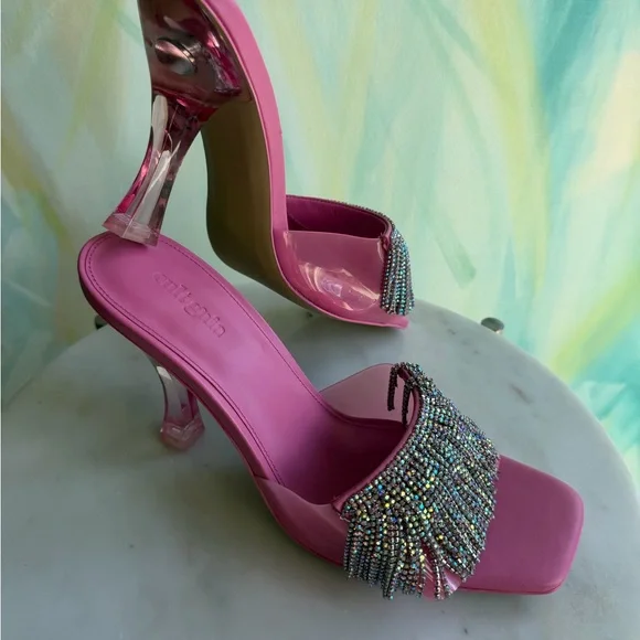 Cult Gaia Elegant Pink Heeled Mules with Rhinestone Fringe - Picture 4 of 9